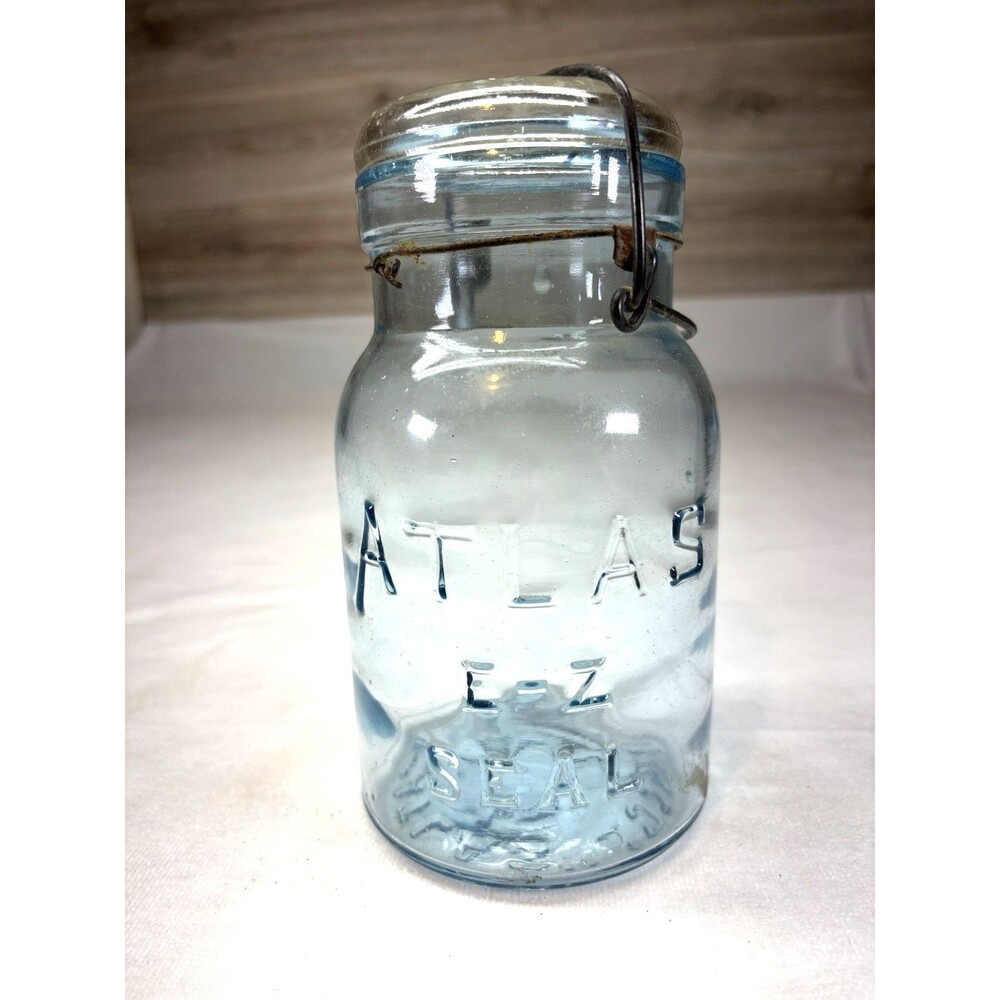 Vtg SKy Blue Atlas E-Z Seal Glass Canning Jar w Wire Bail & Glass Lid Lg 1 Quart